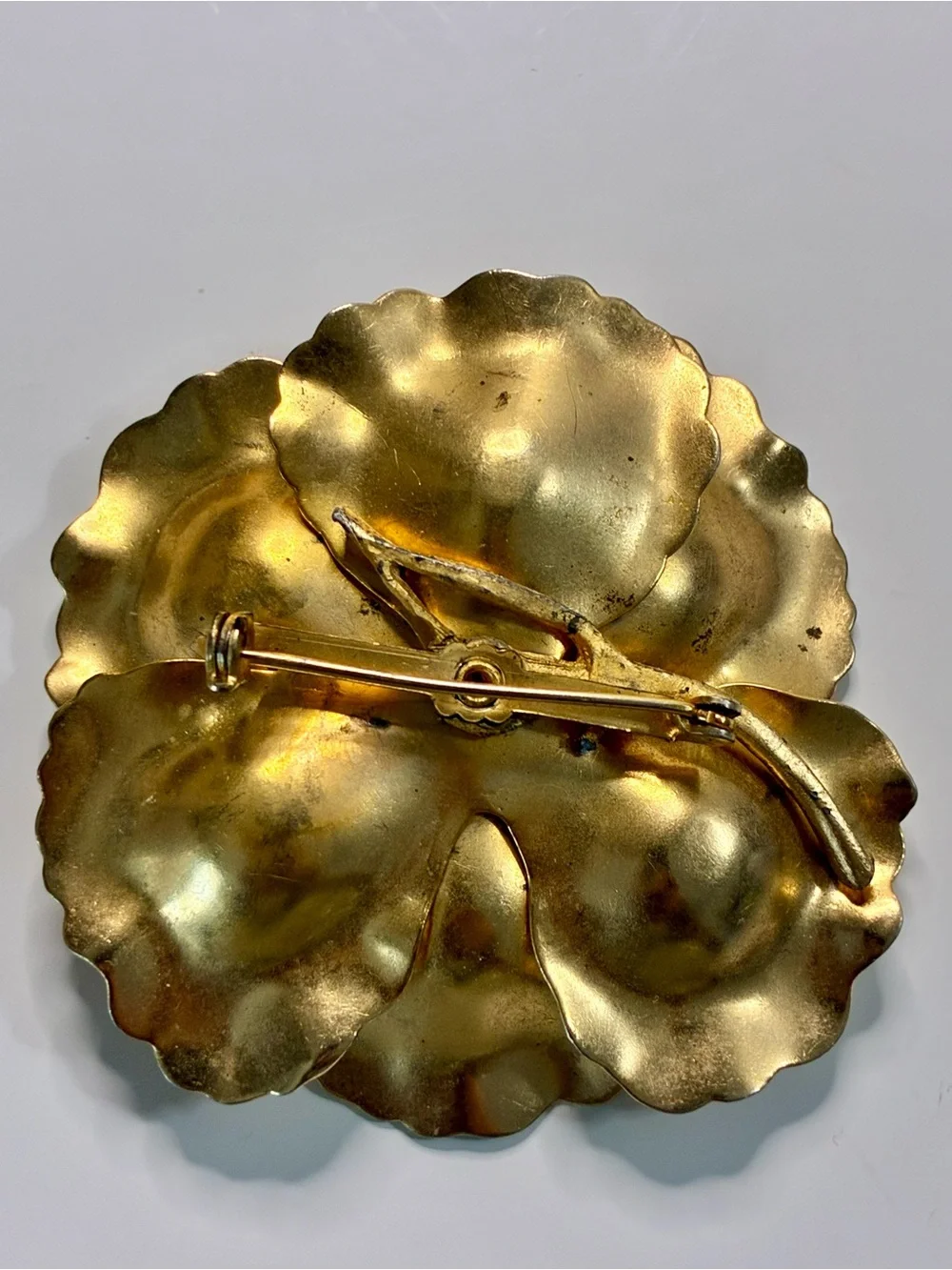 Brushed Gold Flower Brooch with Pearl Center Multi Dimensional Lightweight